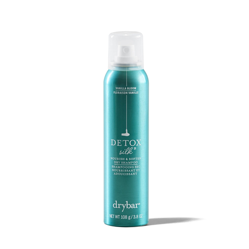 Drybar Detox Silk Nourish & Soften Dry Shampoo aerosol can in Vanilla Bloom fragrance on a white background.
