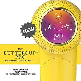 Close-up of the Drybar Buttercup Pro digital display showing customizable heat, airflow, and ion settings.