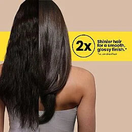 Before-and-after hair comparison showing a smoother, shinier finish after styling.
