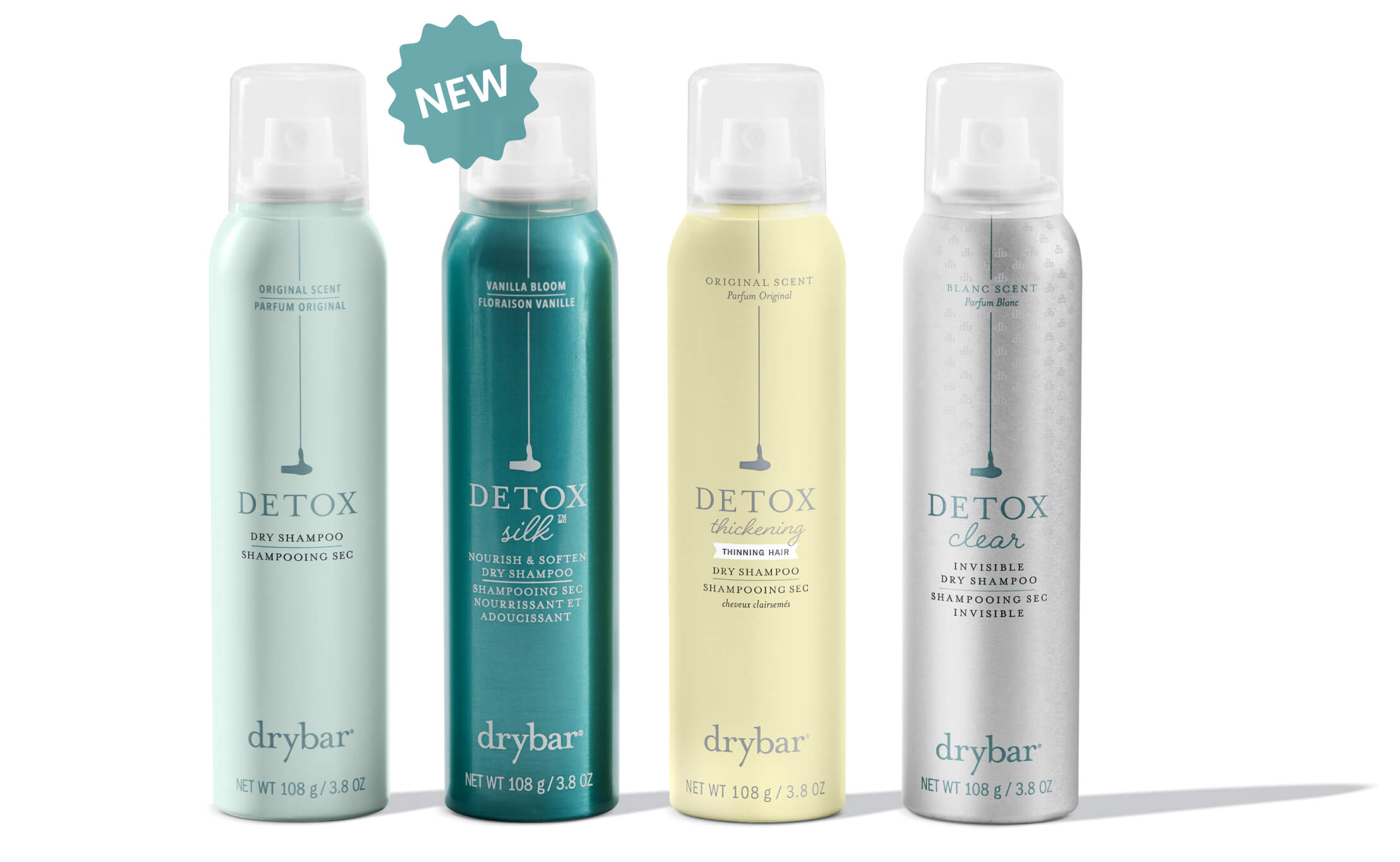 The Drybar Detox collection featuring Detox Dry Shampoo, new Detox Silk Nourish & Soften Dry Shampoo, Detox Thickening Dry Shampoo, and Detox Clear Invisible Dry Shampoo.