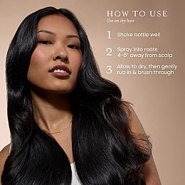 Model with smooth dark hair alongside instructions for using Drybar Detox Silk Dry Shampoo: shake, spray into roots, allow to dry, and brush through.