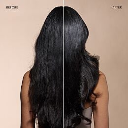 Before-and-after comparison showing long dark hair transformed from slightly dull and textured to smooth, shiny, and refreshed after using Drybar Detox Silk Dry Shampoo.