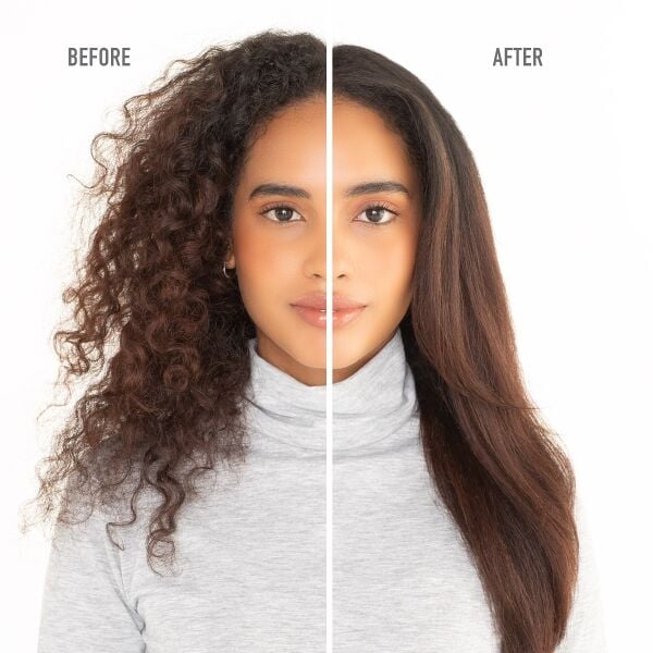 Woman showing before and after using Drybar Reserve Ultralight Anti-Frizz Blow-Dryer