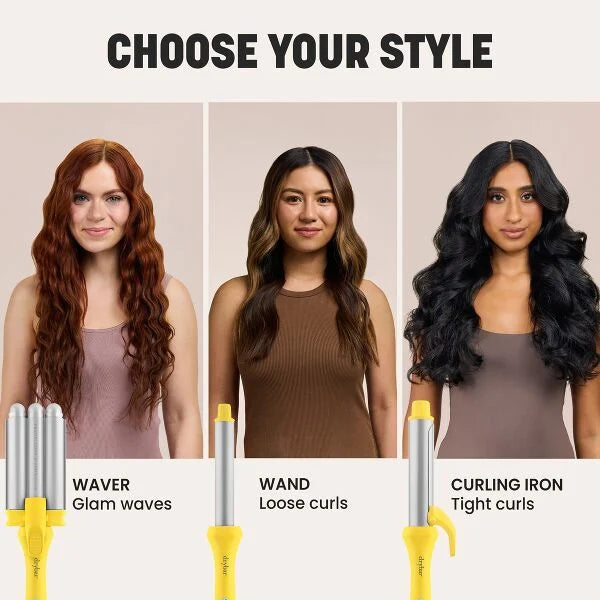 choose your style. left: waver, glam waves. middle: wand, loose curls. right: curling iron, tight curls