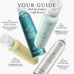 Comparison chart featuring Drybar dry shampoo collection, including Detox Silk for conditioned softness, Original for maximum refresh, Thickening for volume, and Clear for light refresh.